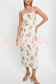 Plant Print Sleeveless Square Neck Open Back Tie Casual Midi Dress