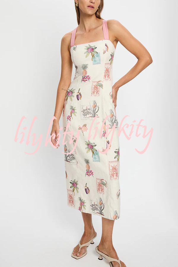 Plant Print Sleeveless Square Neck Open Back Tie Casual Midi Dress