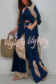 Unique Printed Casual Loose Long Shirt and Elastic Waist Pocket Wide Leg Pants Set