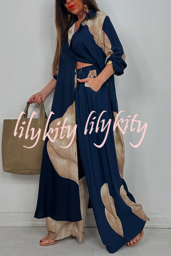 Unique Printed Casual Loose Long Shirt and Elastic Waist Pocket Wide Leg Pants Set