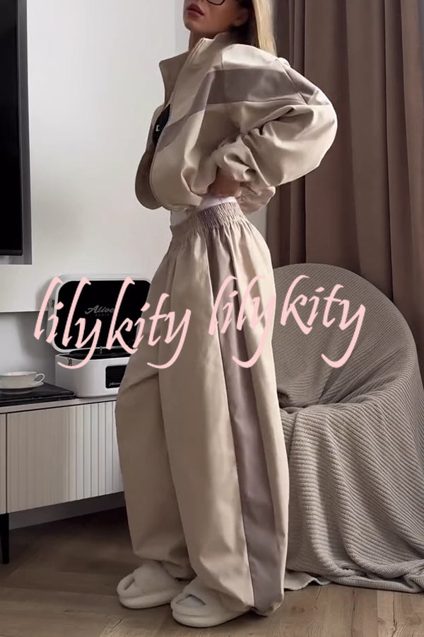 Fashionable Contrasting Long-sleeved Loose Coat and Elastic Waist Wide-leg Pants Set