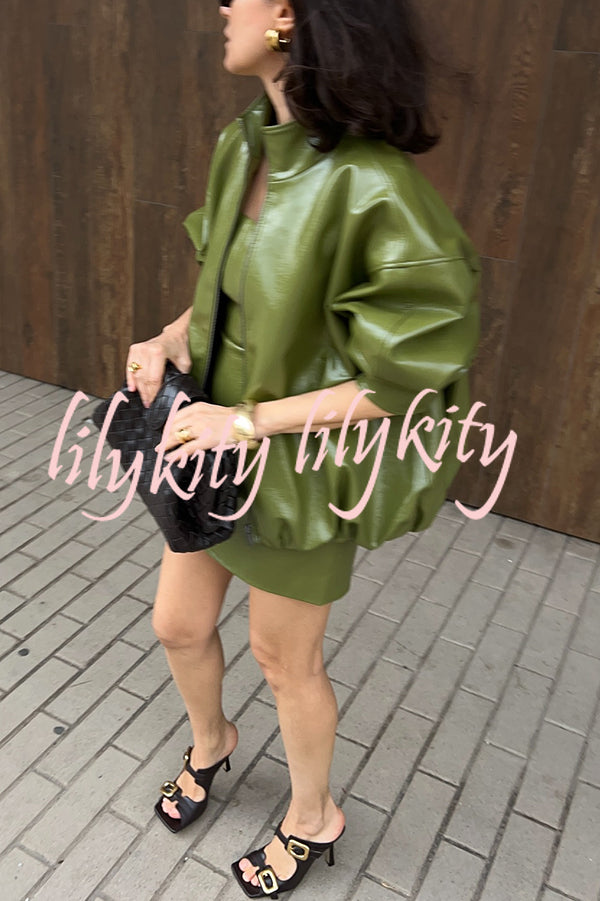 Solid Color Loose Long Sleeve Pocket Casual Leather Jacket