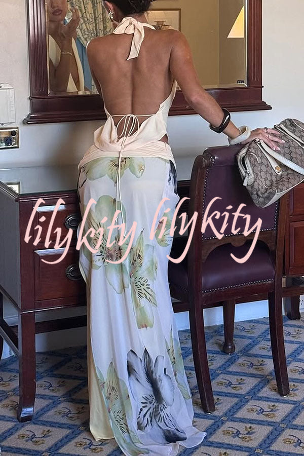 Beautiful Statement Cowl Neck Halter Tank and Floral Ruched Waist Slit Maxi Skirt Set