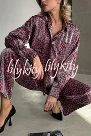 Leopard Print Long-sleeved Casual Top and Loose Elastic Waist Tie Pants Set