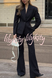 Solid Color Long-sleeved Single-button Blazer and Pocket Casual Flared Pants Set