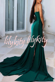 Adelynn Sequin Patchwork One Shoulder Ruched Slit Prom Maxi Dress