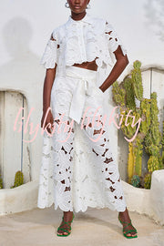 Redefining Elegance Floral Lace Cropped Shirt and Belt Pocketed Wide Leg Pants Set