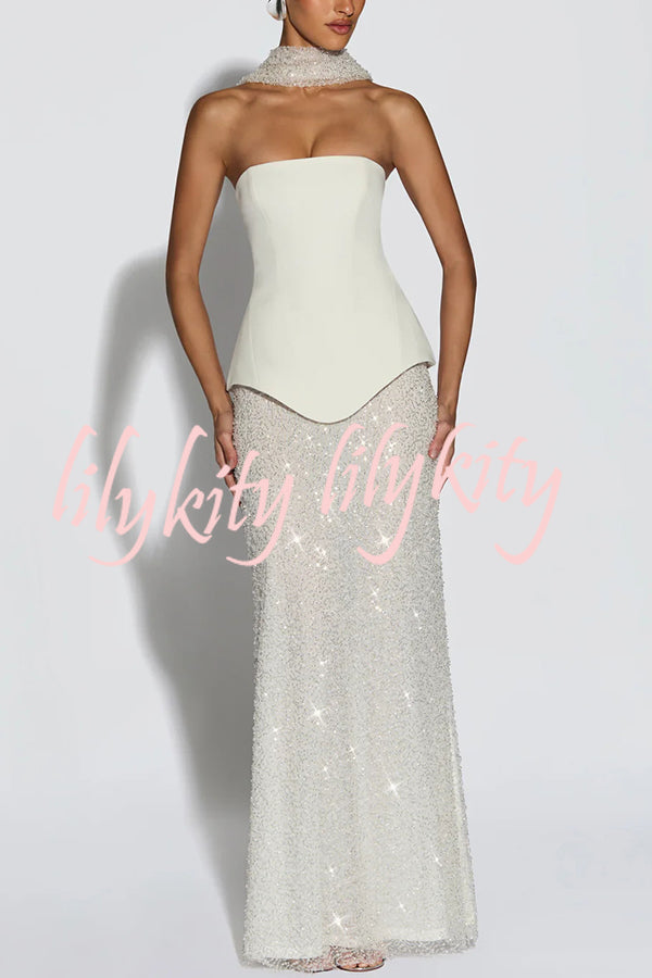 Oakley Corset Strapless Top and Sequin High Rise Maxi Skirt Scarf Set