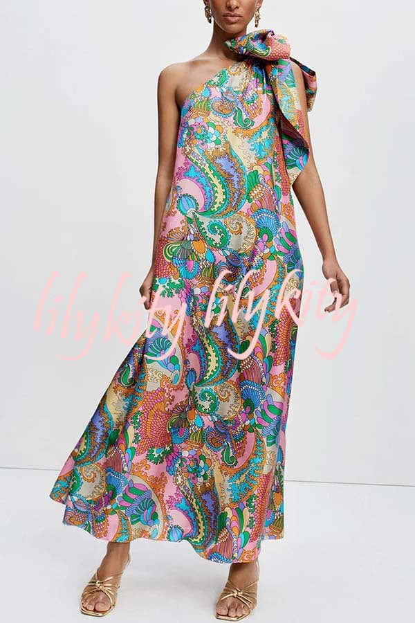 Rainbow Breeze Satin Unique Print Bow One Shoulder Loose Maxi Dress