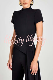 Pippa High Neck Short Sleeve Irregular Drape Hem Top and Elastic Waist Flare Pants Set