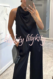 Classic on You Satin High Cowl Neck Top and Elastic Waist Pocket Loose Pants Set