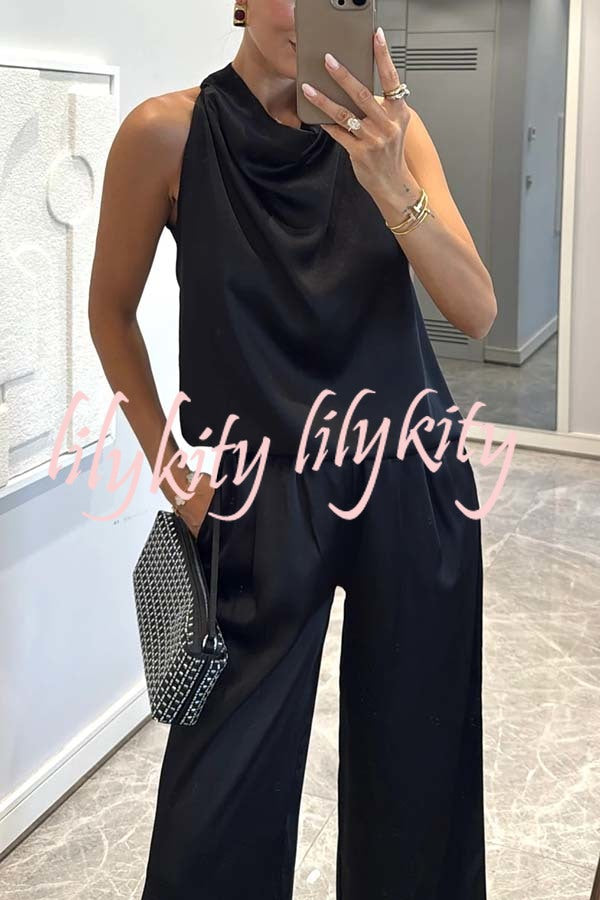 Classic on You Satin High Cowl Neck Top and Elastic Waist Pocket Loose Pants Set
