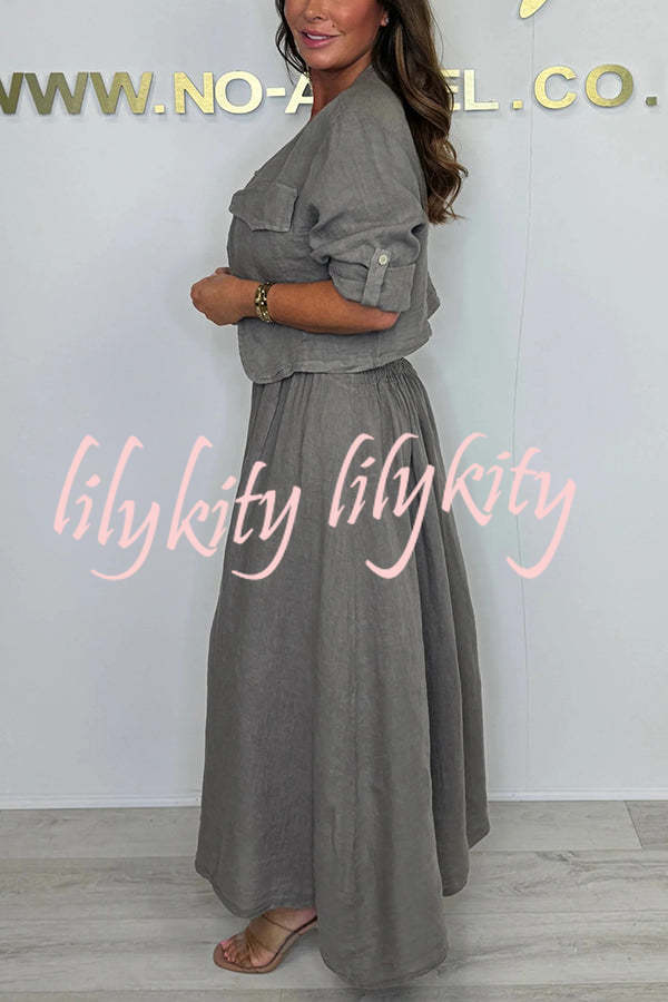 Solid Color Casual Short Jacket and Suspender Pleated Maxi Dress Set