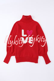 Happy Holidays Contrast Love Letter Turtle Neck Bat Sleeve Sweater