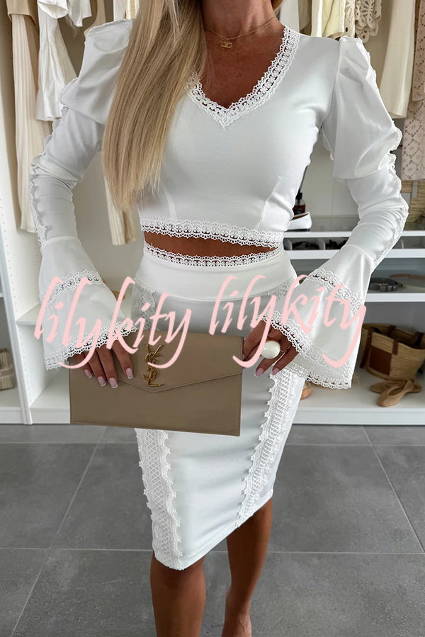 Career Beauty Lace Paneled Long Bell Sleeve Crop Top and High Rise Mini Skirt Set