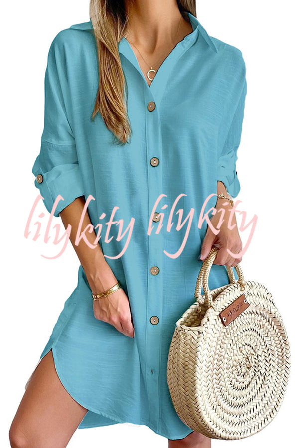 Solid Color Casual Button-Down Shirt Style Mini Dress