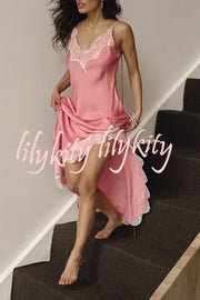 Breezy City Fall SatinLace Petal Trim Slip Tie-up H-line Slit Maxi Dress