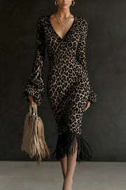 Unique Printed V-neck Long-sleeved Elegant Tassel Hem Midi Dress