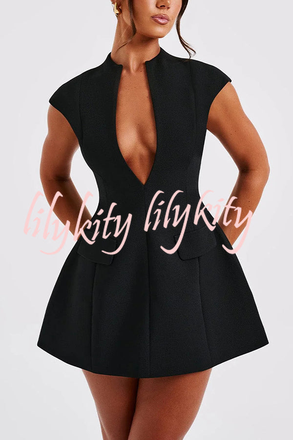 Simple Yet Chic Cap Sleeve V Neck Bubble-shaped Mini Dress