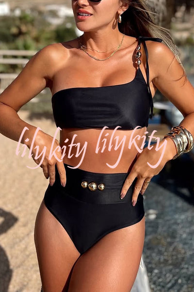 Solid Color One-shoulder High Waist Stretch Bikini Swimsuit