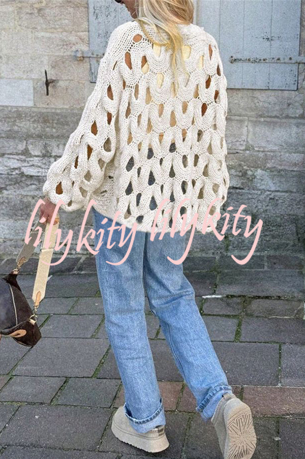 Solid Color Casual Hollow Long-sleeved Holiday Knitted Sweater