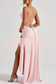 Samira Satin Back Lace-up Ruffles High Low Slit Maxi Dress