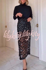 Gorgeous Flower Embellished Sequin Sheer High Rise Slit Midi Skirt