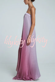 Gorgeous Styling Satin Pleated Elastic Bust Strapless A-line Gown Maxi Dress