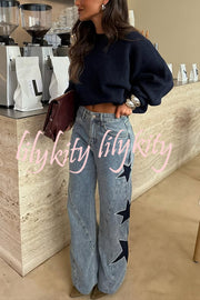 Jessy Denim Mid Rise Side Star Pattern Pocket Wide Leg Jeans