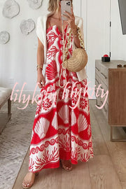 Beautiful Shell Unique Print Front Lace-up Loose  Maxi Dress