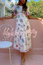 European Summer Sunset Linen Blend Unique Print Puff Sleeve Midi Dress