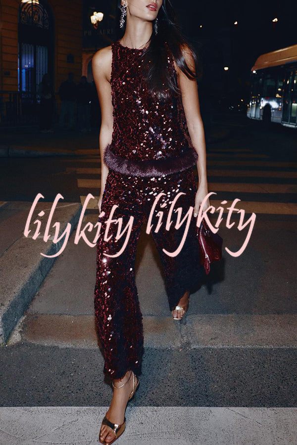 Gala Goddess Sequin Faux Fur Trim Crew Neck Sleeveless Loose Top