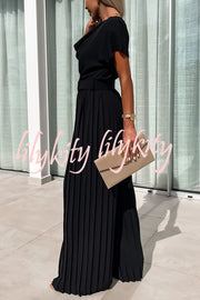 Ivy Cowl Neck Short Sleeve Belt Pleated Loose Wide Leg Jumpsuit