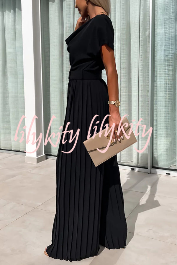 Ivy Cowl Neck Short Sleeve Belt Pleated Loose Wide Leg Jumpsuit