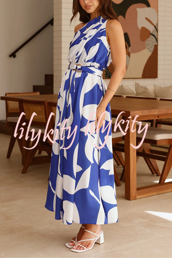 Unique Print Sleeveless One Shoulder Belted Maxi Dress