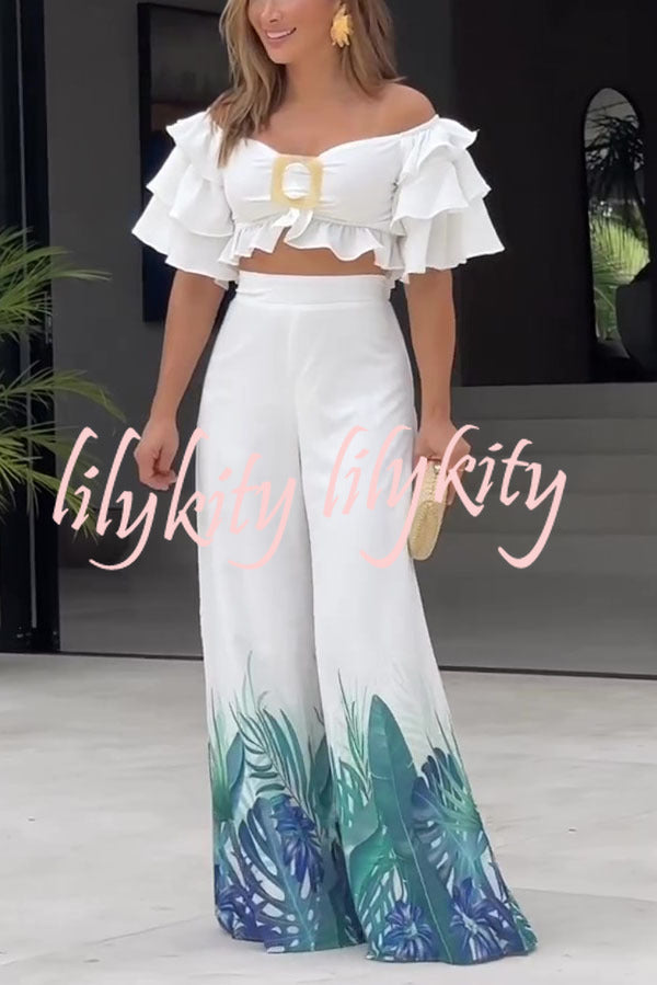 Sexy Off Shoulder Top and High Waisted Wide Leg Printed Pants Suit