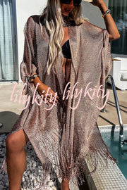 Perfect Look for Vacation Tassle Trim Batwing Sleeve Loose Cover-ups