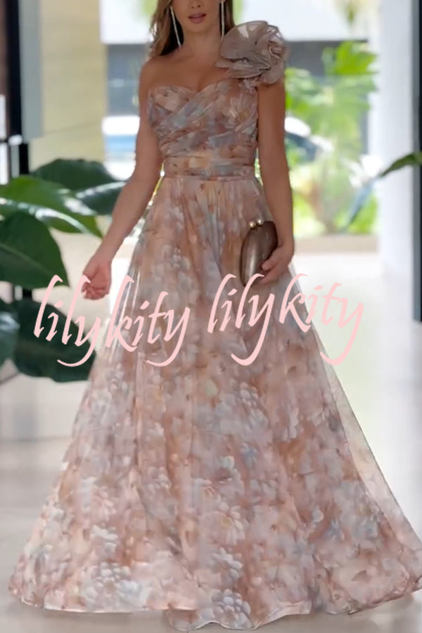 Romantic Ball Chiffon Floral One-shoulder Pleated Design Back Lace-up Gown Maxi Dress