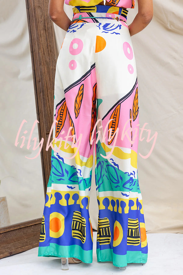 Maison Linen Blend Unique Print High Neck Top and Elastic Tie-up Waist Pocket Wide Leg Pants Set