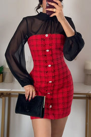 Festive Elegance Tulle Plaid Tweed Patchwork Balloon Sleeve Mini Dress