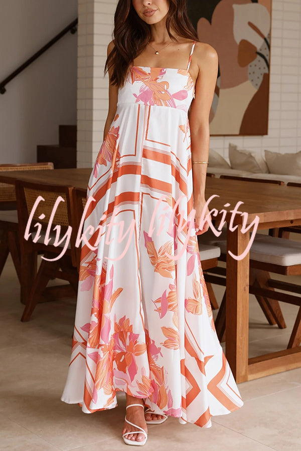 Botanical Print Halter Square Neck Pleated Loose Maxi Dress