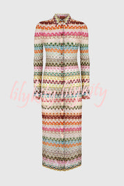 Anna Knit Colorful Herringbone Print Shirt Neck Button Long Sleeve Slim-fit Long Cardigan