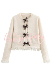 Fashion Round Neck Long Sleeve Bow-decorated Pocket Knitted Jacket