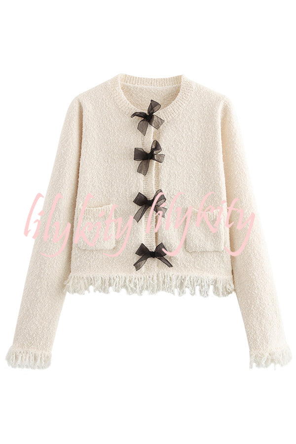 Fashion Round Neck Long Sleeve Bow-decorated Pocket Knitted Jacket