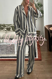 Lifetime of Happiness Striped Long Sleeve Loose Shirt and Elastic Waist Pocket Pants Set