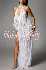 Glimmer Hour Shiny Layered Tassels Halter Cutout Neck Split Maxi Dress