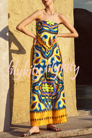 Ethnic Style Unique Print Tube Top and Elastic Waist Casual Pocket Wide Leg Pants Set