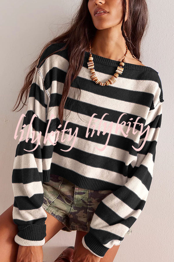 Striped Print Crew Neck Long Sleeve Loose Knitted Sweater