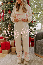 Candy Cane Cutie Loose Bow Tie Long-Sleeved Sweatshirt and Elastic Waist Pocket Pants Set