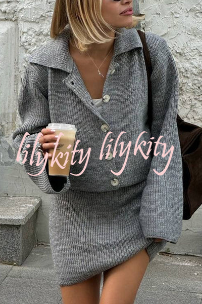 Fashion Lapel Bell Sleeve Knitted Cardigan and Casual Mini Skirt Set